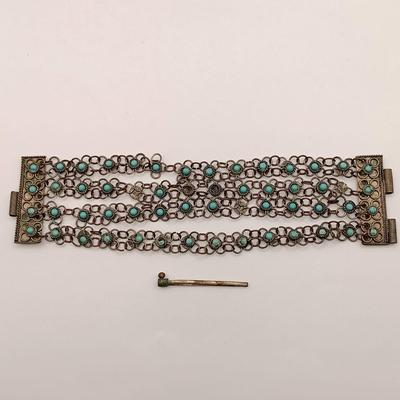 LOT 205: Antique Morrocan Silver-Plate Bracelet w/ Turquoise Beads and Vintage Handcrafted Multistrand Coral Beaded Necklace Sterling Clasp