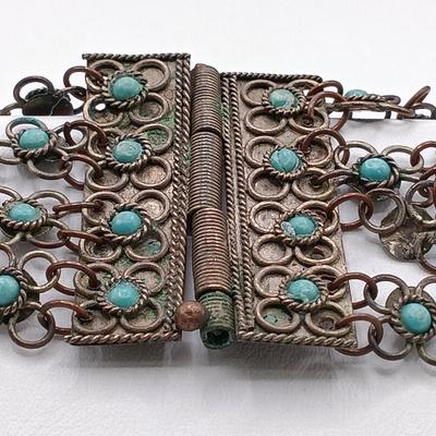 LOT 205: Antique Morrocan Silver-Plate Bracelet w/ Turquoise Beads and Vintage Handcrafted Multistrand Coral Beaded Necklace Sterling Clasp