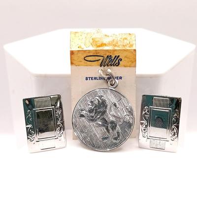 LOT 208: Anson Sterling Front Cufflinks 9.1gtw and 3.9g Sterling Leo Horoscope Charm