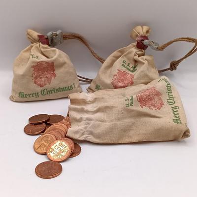 LOT 214: Set of (2) Vintage SEALED U.S. Mint Philadelphia Coin Bags with Coins Inside & (1) Open Bag Containing Wheat Pennies