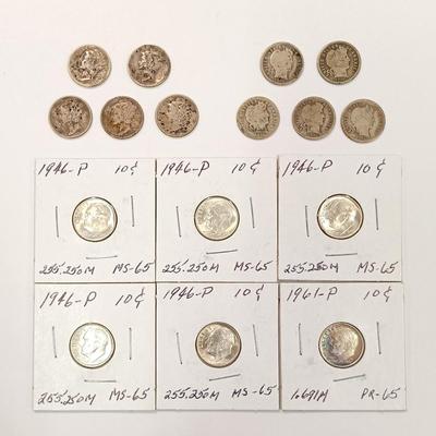 LOT 218: Set of (6) 1946 - 1961 Silver Dimes with (5) Mercury Head Dimes & (5) Barber Dimes