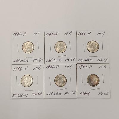 LOT 218: Set of (6) 1946 - 1961 Silver Dimes with (5) Mercury Head Dimes & (5) Barber Dimes