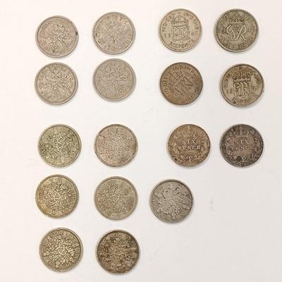 LOT 219: Set of (17) Fifty Percent Silver Sixpence with British Halfpennies and Threepence