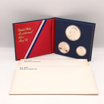 LOT 220: U.S. Bicentennial Silver Proof Set with 1980 and 1981 U.S. Mint Uncirculated Coins