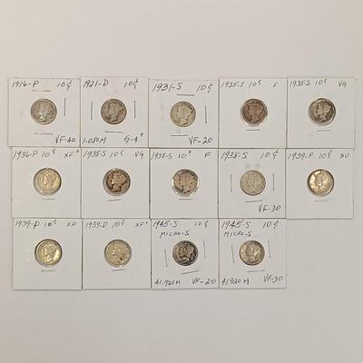 LOT 225: Set of (14) Silver Mercury Head Dimes 1916 - 1945