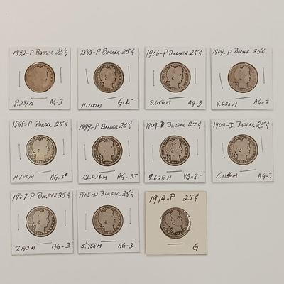 LOT 233: Set of (11) Silver Barber Quarters 1892 - 1914