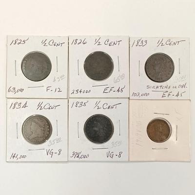 LOT 238: Set of (5) Half Cents 1925 - 1935 with (1) 1909 VDB Wheat Penny