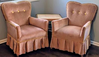 LOT 7M: Pair Of Vintage Blush Ruffled Chenille Slipper Chairs & Wood Cane Top Table