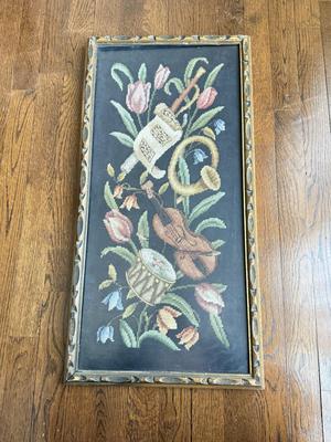 LOT 41D: Vintage Framed Hand Crafted Music & Floral Themed Cross Stitch Artwork (Artists' Oasis)