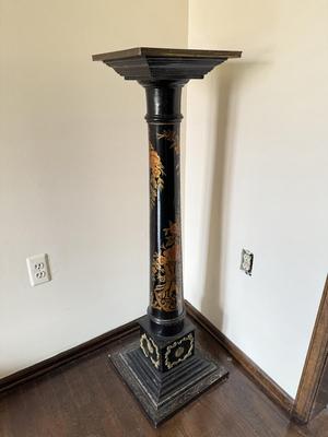 LOT 43D: Vintage Hand Painted & Artist El Sharbatly Signed Black Floral Column Pedestal
