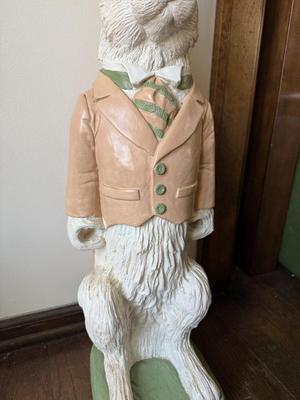 LOT 44D: Vintage Easter Bunny Plaster Cast Sculpture w/ Wood & Metal Wheelbar