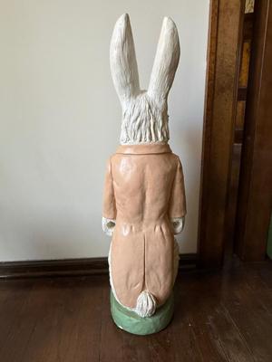 LOT 44D: Vintage Easter Bunny Plaster Cast Sculpture w/ Wood & Metal Wheelbar