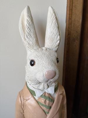 LOT 44D: Vintage Easter Bunny Plaster Cast Sculpture w/ Wood & Metal Wheelbar