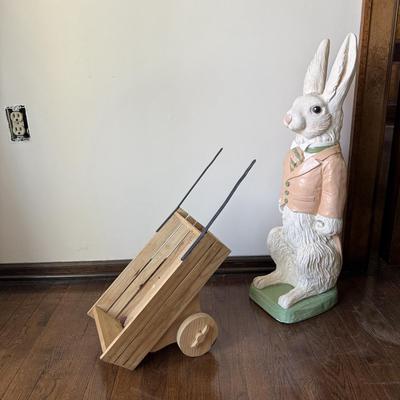 LOT 44D: Vintage Easter Bunny Plaster Cast Sculpture w/ Wood & Metal Wheelbar