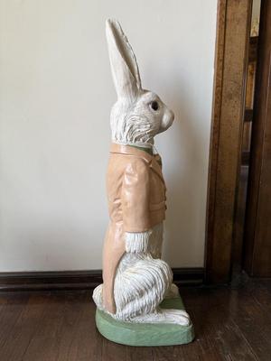 LOT 44D: Vintage Easter Bunny Plaster Cast Sculpture w/ Wood & Metal Wheelbar