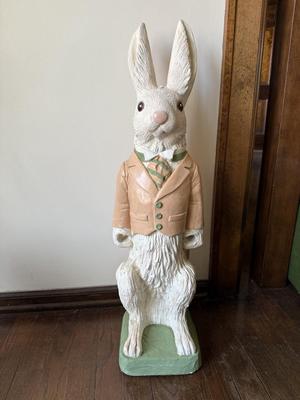 LOT 44D: Vintage Easter Bunny Plaster Cast Sculpture w/ Wood & Metal Wheelbar