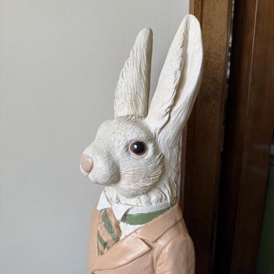 LOT 44D: Vintage Easter Bunny Plaster Cast Sculpture w/ Wood & Metal Wheelbar