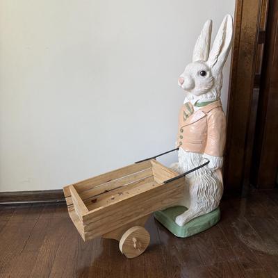 LOT 44D: Vintage Easter Bunny Plaster Cast Sculpture w/ Wood & Metal Wheelbar