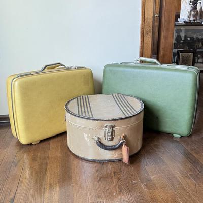 LOT 45D: Vintage Luggage: 1950s West Germany Hat Box Suitcase & 1960s Hard Shell American Tourister Suitcases in Green & Yellow