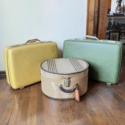 LOT 45D: Vintage Luggage: 1950s West Germany Hat Box Suitcase & 1960s Hard Shell American Tourister Suitcases in Green & Yellow