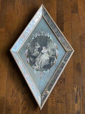 LOT 47D: Vintage Hollywood Regency Style Diamond Shape Framed Mirror depicting Antique Etching 'Eugenie' from Goethe's...