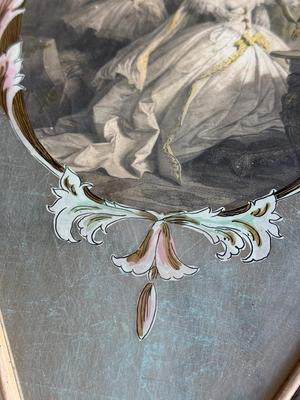 LOT 47D: Vintage Hollywood Regency Style Diamond Shape Framed Mirror depicting Antique Etching 'Eugenie' from Goethe's...