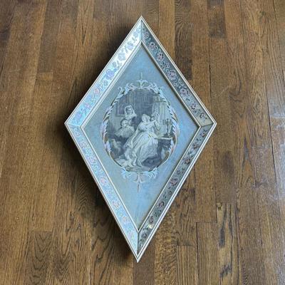 LOT 47D: Vintage Hollywood Regency Style Diamond Shape Framed Mirror depicting Antique Etching 'Eugenie' from Goethe's...