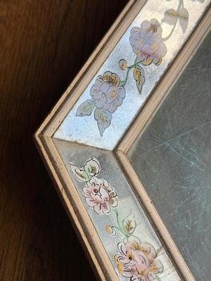 LOT 47D: Vintage Hollywood Regency Style Diamond Shape Framed Mirror depicting Antique Etching 'Eugenie' from Goethe's...