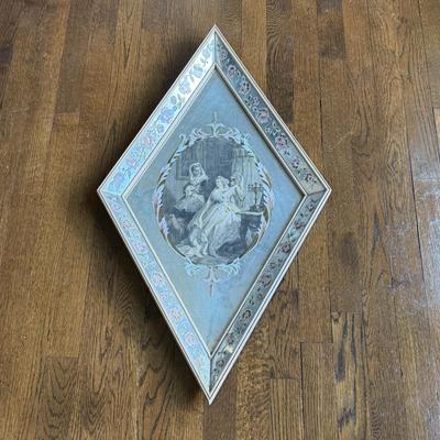 LOT 47D: Vintage Hollywood Regency Style Diamond Shape Framed Mirror depicting Antique Etching 'Eugenie' from Goethe's...