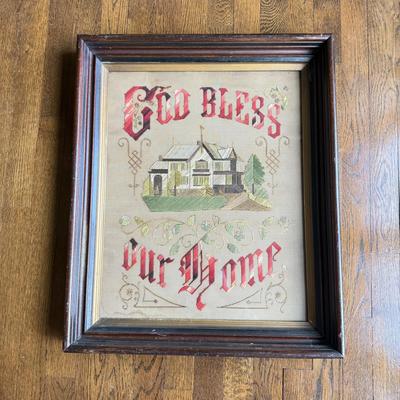 LOT 48D: Antique / Vintage Early 19th Century Framed Victorian "God Bless Our Home" Punch Paper Embroidery
