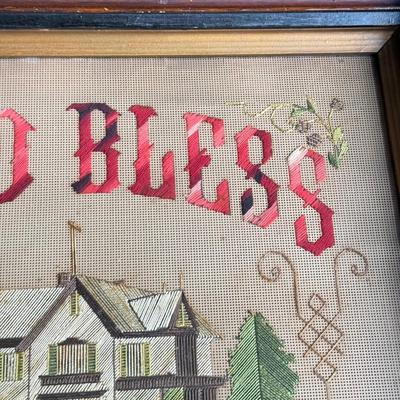 LOT 48D: Antique / Vintage Early 19th Century Framed Victorian "God Bless Our Home" Punch Paper Embroidery