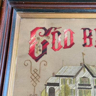 LOT 48D: Antique / Vintage Early 19th Century Framed Victorian "God Bless Our Home" Punch Paper Embroidery