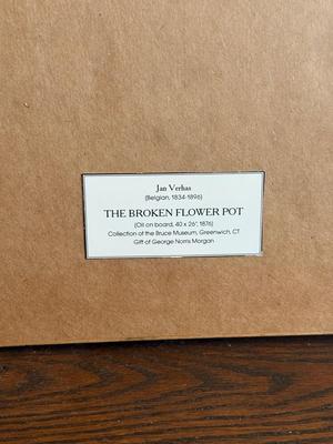 LOT 49L: Framed Victorian Realism Art Print of 1876 "Broken Flower Pot" by Jan Verhas (Belgian, 1834-1896)