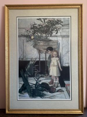 LOT 49L: Framed Victorian Realism Art Print of 1876 "Broken Flower Pot" by Jan Verhas (Belgian, 1834-1896)