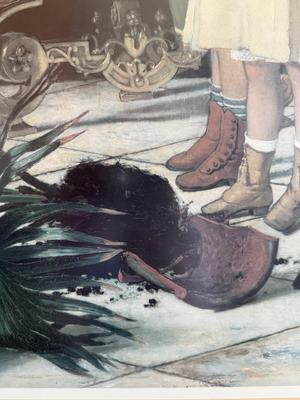 LOT 49L: Framed Victorian Realism Art Print of 1876 "Broken Flower Pot" by Jan Verhas (Belgian, 1834-1896)