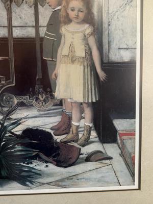 LOT 49L: Framed Victorian Realism Art Print of 1876 "Broken Flower Pot" by Jan Verhas (Belgian, 1834-1896)