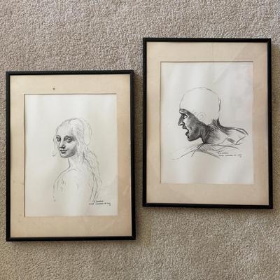 LOT 53L: Pair of 1970 Signed E. Endres after Leonardo da Vinci (Italian, 1452-1519) Drawings: "Study of a Girl's Head"...