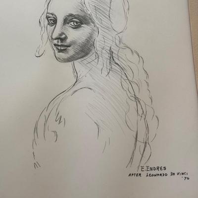 LOT 53L: Pair of 1970 Signed E. Endres after Leonardo da Vinci (Italian, 1452-1519) Drawings: "Study of a Girl's Head"...
