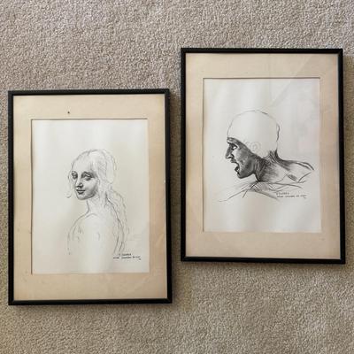 LOT 53L: Pair of 1970 Signed E. Endres after Leonardo da Vinci (Italian, 1452-1519) Drawings: "Study of a Girl's Head"...