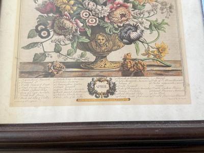 LOT 57L: Vintage Robert Furber (British, 1674-1756) "April" Print, "Pansies in a Pewter Vase" by Paul de Longpré...