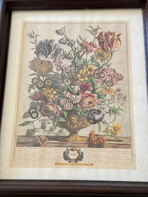 LOT 57L: Vintage Robert Furber (British, 1674-1756) "April" Print, "Pansies in a Pewter Vase" by Paul de Longpré...