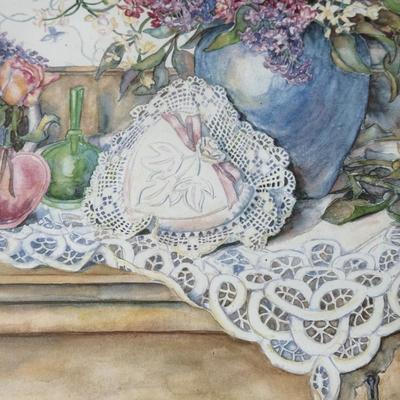 LOT 59L: Vintage Inspired Floral & Lace Water Color Still Life Art Print Hand Numbered 339/750 & Signed by Artist Jacqueline Taylor