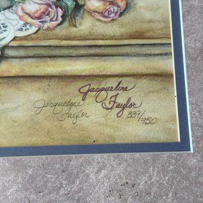 LOT 59L: Vintage Inspired Floral & Lace Water Color Still Life Art Print Hand Numbered 339/750 & Signed by Artist Jacqueline Taylor