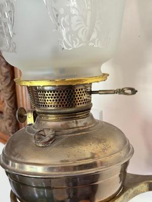 LOT 102K: Pair of Antique / Vintage Glass Shade Electric Brass Lamps w/ Wall Mounts