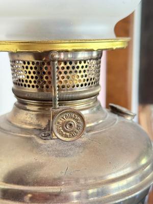 LOT 102K: Pair of Antique / Vintage Glass Shade Electric Brass Lamps w/ Wall Mounts
