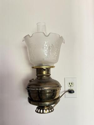 LOT 102K: Pair of Antique / Vintage Glass Shade Electric Brass Lamps w/ Wall Mounts