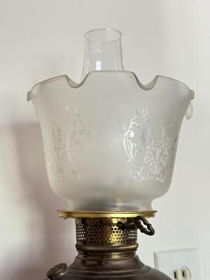 LOT 102K: Pair of Antique / Vintage Glass Shade Electric Brass Lamps w/ Wall Mounts