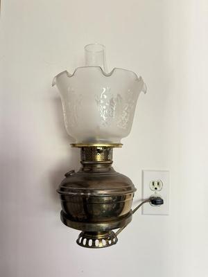 LOT 102K: Pair of Antique / Vintage Glass Shade Electric Brass Lamps w/ Wall Mounts