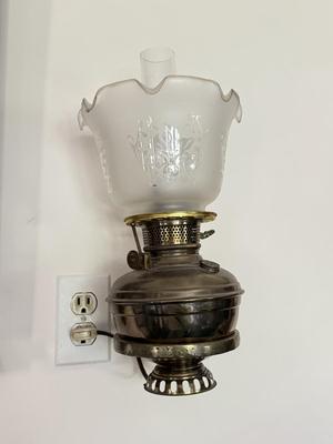 LOT 102K: Pair of Antique / Vintage Glass Shade Electric Brass Lamps w/ Wall Mounts