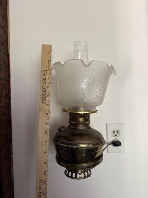 LOT 102K: Pair of Antique / Vintage Glass Shade Electric Brass Lamps w/ Wall Mounts